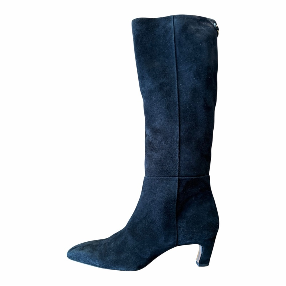 Sam Edelman Black Suede Knee High Boots 8.5 Almond Toe Kitten Heel Minimalist